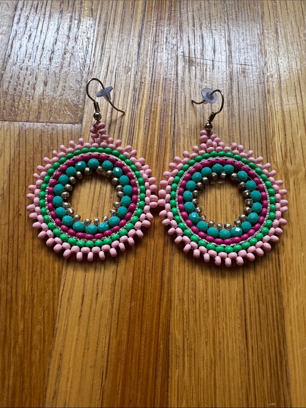 Handcrafted Pink & Teal Beaded Hoop Earrings
